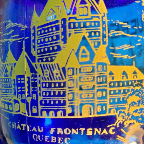 Quebec Canada Souvenir Cobalt Blue Glass Mug Wooden Handle Vintage - Picture 10 of 12